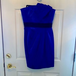 Purple strapless mini dress with black sash size 8